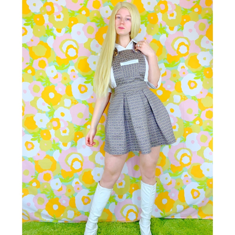 Vintage 60s Tapestry Style Overall Mini Dress Gogo